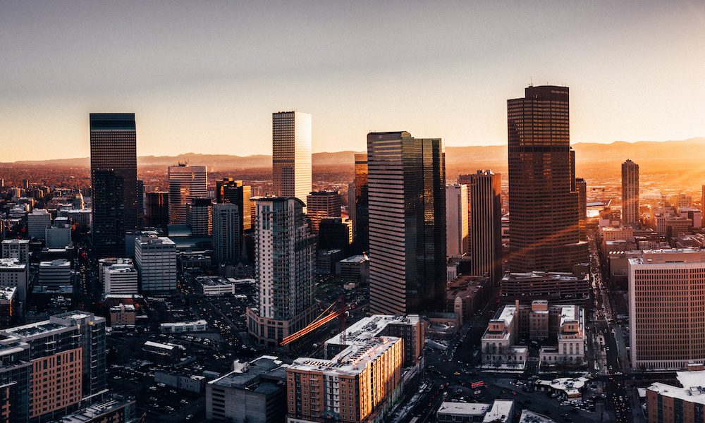 Aerial drone photo - City of Denver Colorado at sunset